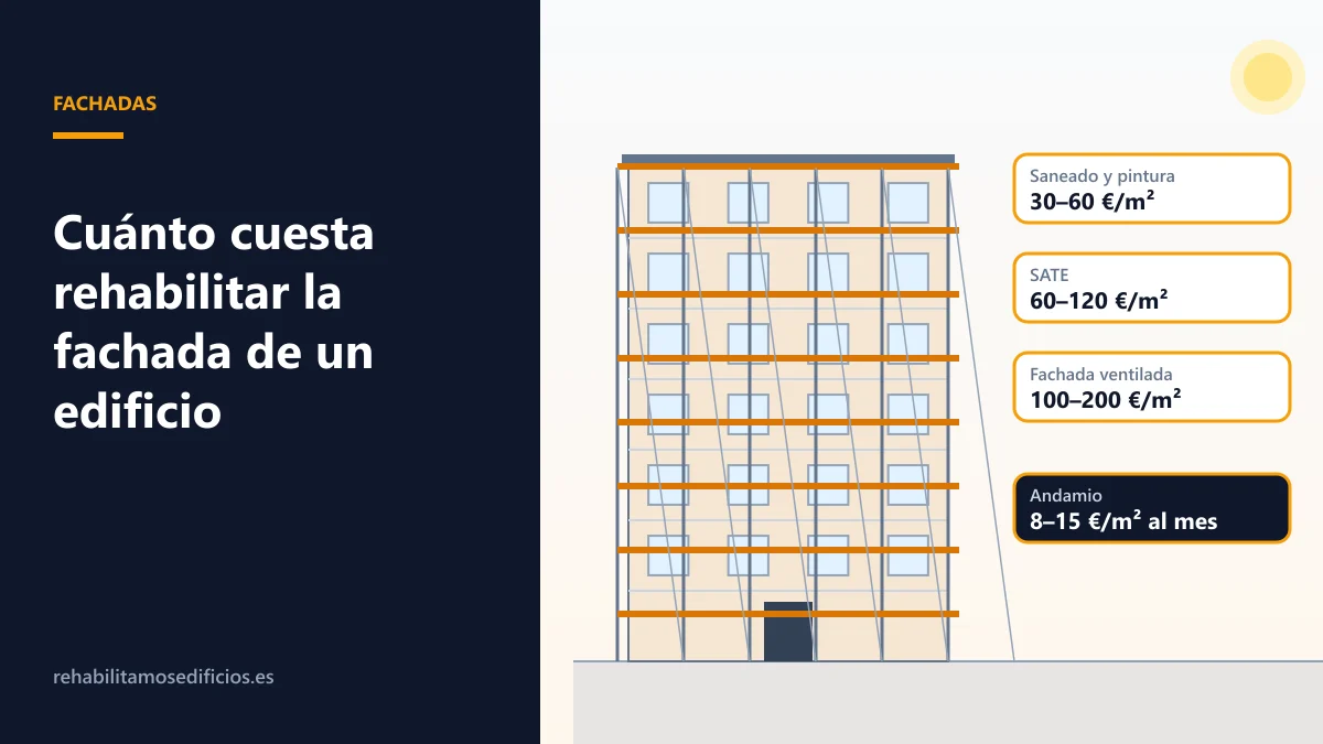Ilustración de la fachada de un bloque de viviendas con andamio, comparando tres soluciones: saneado y pintura, SATE y fachada ventilada, con su precio por metro cuadrado