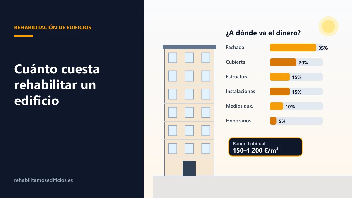 Infografía con el reparto aproximado del coste de rehabilitar un edificio: fachada, cubierta, estructura, instalaciones, honorarios y medios auxiliares