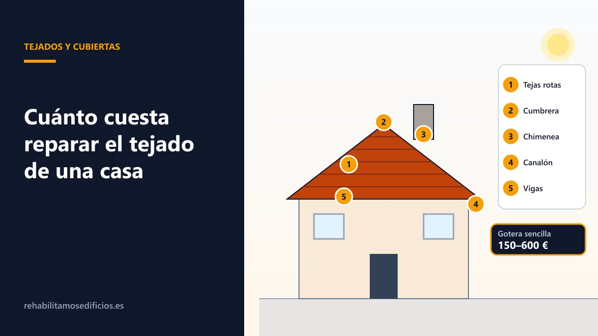 Ilustración de la sección de una casa con un tejado de teja y los puntos de reparación más frecuentes señalados: tejas rotas, cumbrera, chimenea, canalón y viga dañada