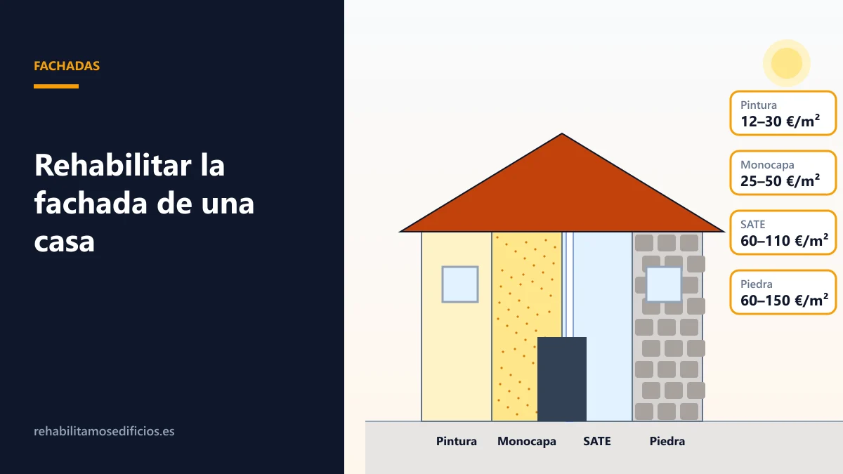 Ilustración de una casa unifamiliar con la fachada dividida en cuatro acabados: pintura, monocapa, SATE y aplacado de piedra
