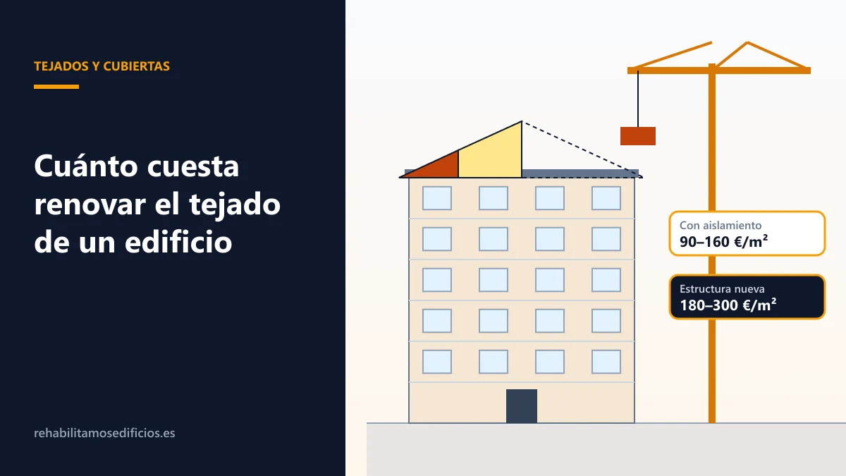 Ilustración de un edificio de viviendas con el tejado en obra, grúa subiendo material y la sección del tejado nuevo con aislamiento, lámina y teja
