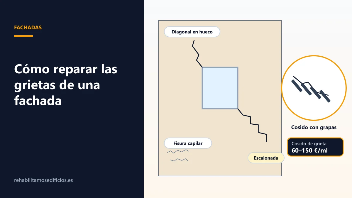 Ilustración de una fachada con tres tipos de grieta (fisura capilar, grieta en diagonal junto a una ventana y grieta escalonada) y el detalle de un cosido con grapas de acero