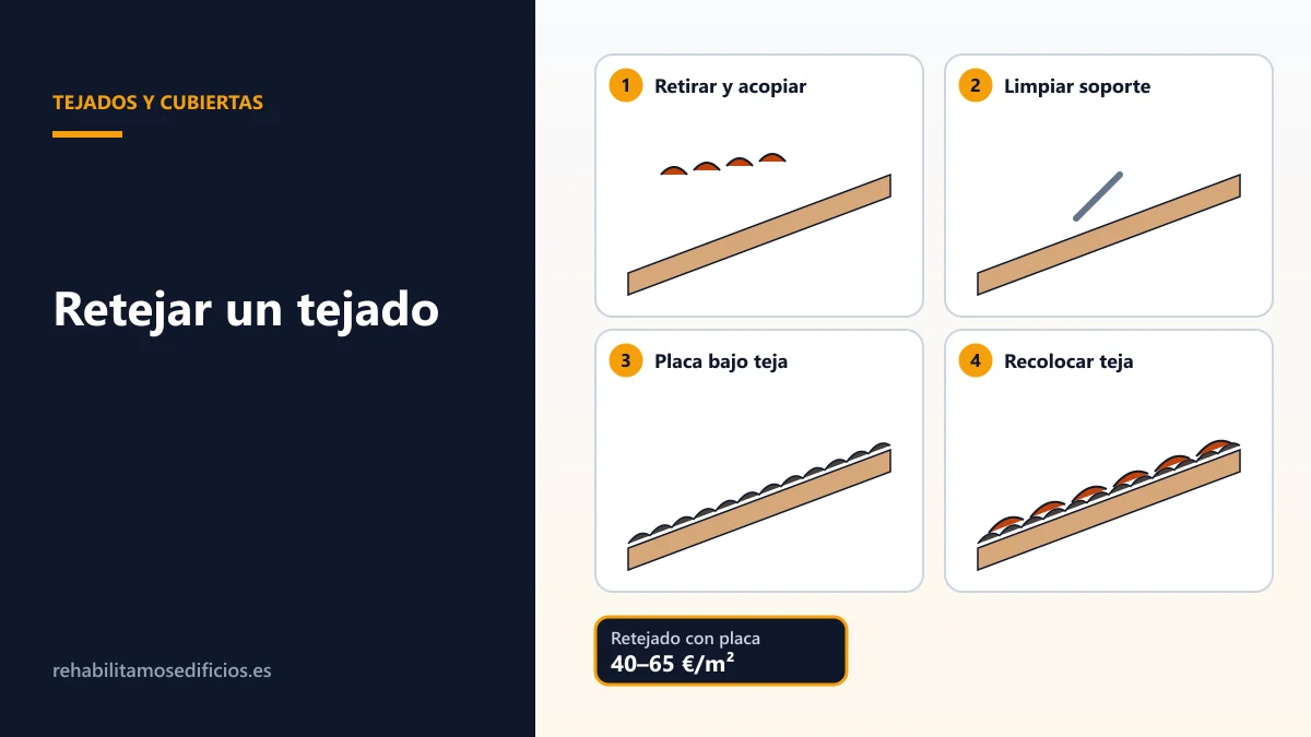 Ilustración del proceso de retejado en cuatro pasos: retirada y acopio de tejas, limpieza del soporte, colocación de placa bajo teja y recolocación de las tejas recuperadas