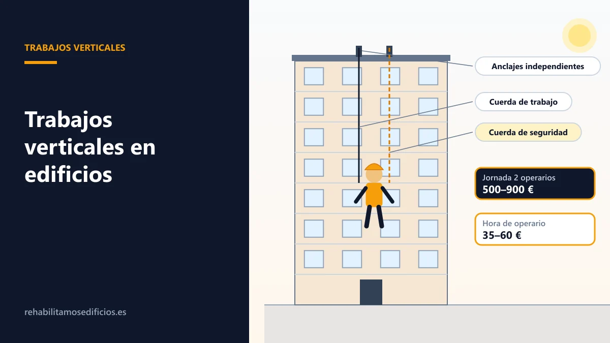 Ilustración de un operario de trabajos verticales en la fachada de un edificio con arnés, cuerda de trabajo y cuerda de seguridad ancladas a la cubierta